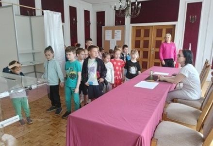 grupa dzieci przedszkolnych podczas wizyty w lokalu wyborczym