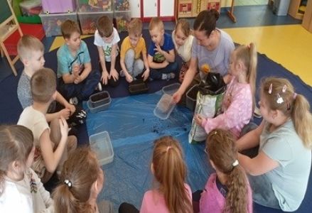dzieci podczas zakładania ogródka w sali przedszkolnej